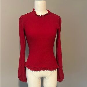 Venus Elegant Red Ruffle Long Sleeve Top